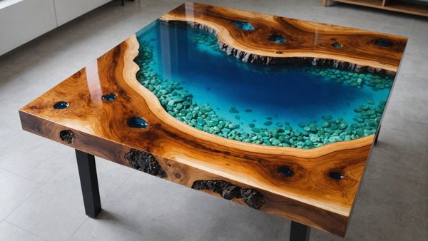 Découvrez la table rivière en bois et résine époxy unique
